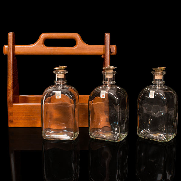 Vintage Spirit Tantalus, Danish, Teak, Glass, Bar Caddy, Decanters, Mid Century