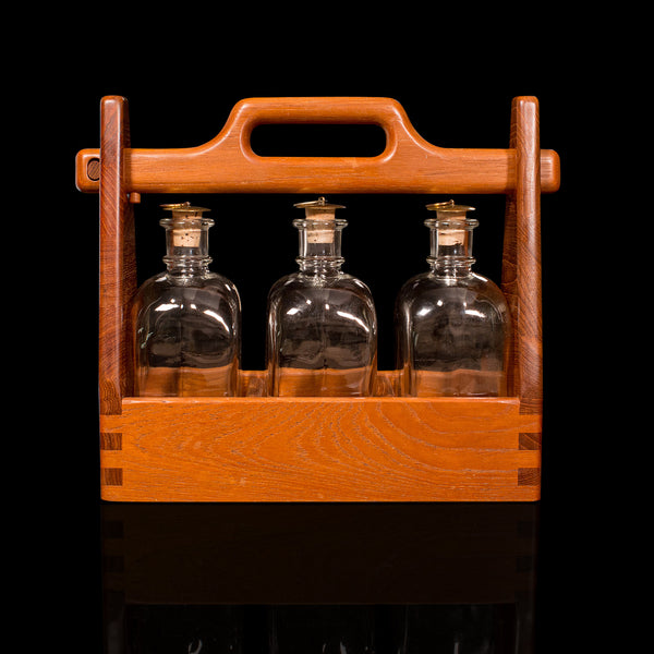 Vintage Spirit Tantalus, Danish, Teak, Glass, Bar Caddy, Decanters, Mid Century