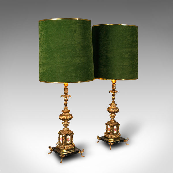 Pair Of Tall Vintage Lamps, Continental, Gilt, Marble, Centrepiece, Table Light