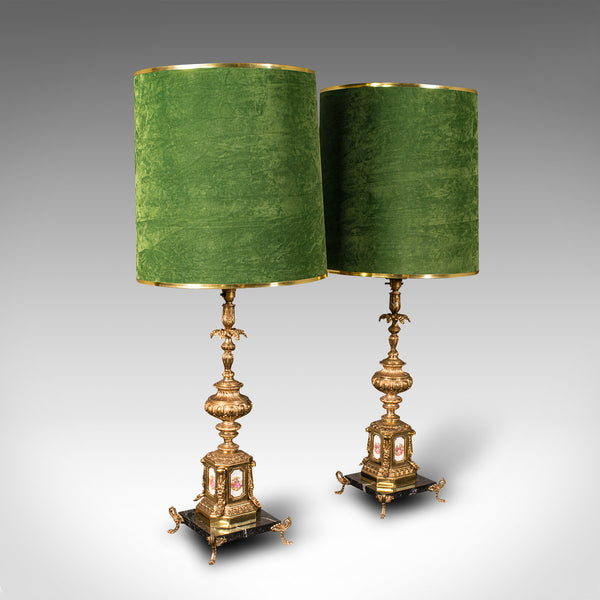 Pair Of Tall Vintage Lamps, Continental, Gilt, Marble, Centrepiece, Table Light