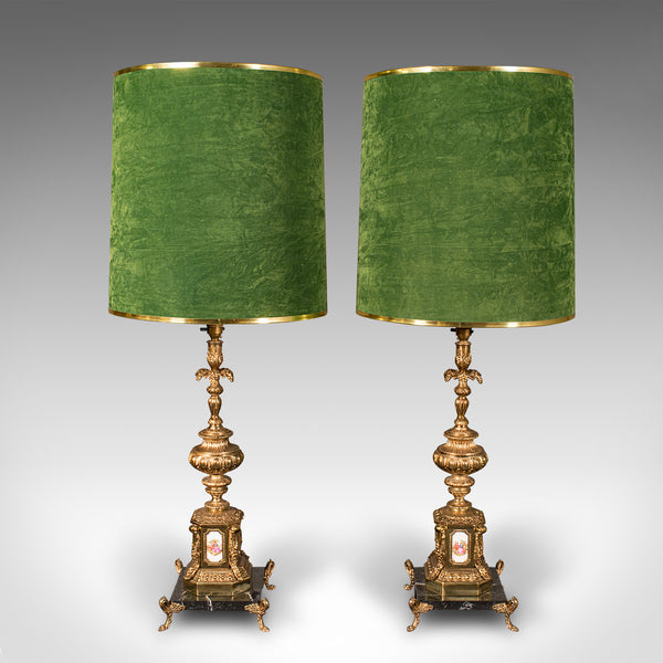 Pair Of Tall Vintage Lamps, Continental, Gilt, Marble, Centrepiece, Table Light