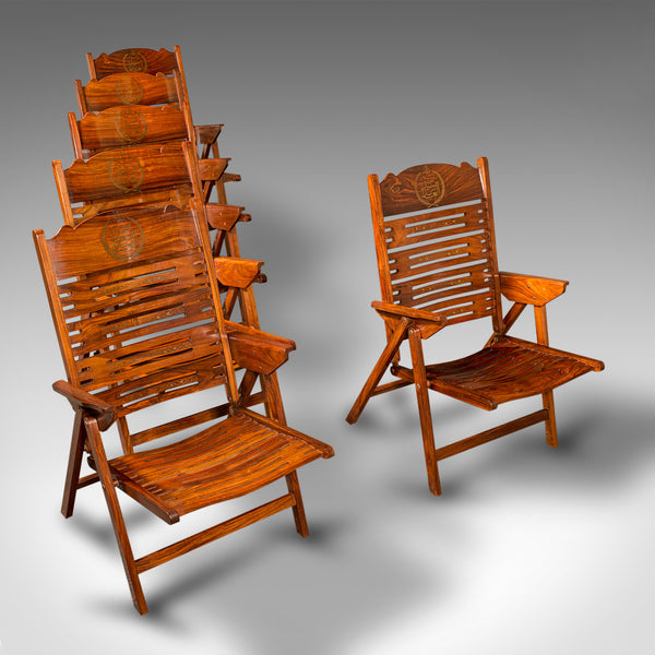 Set Of 6 Vintage Terrace Chairs, Middle Eastern, Teak, Folding, Veranda, Steamer