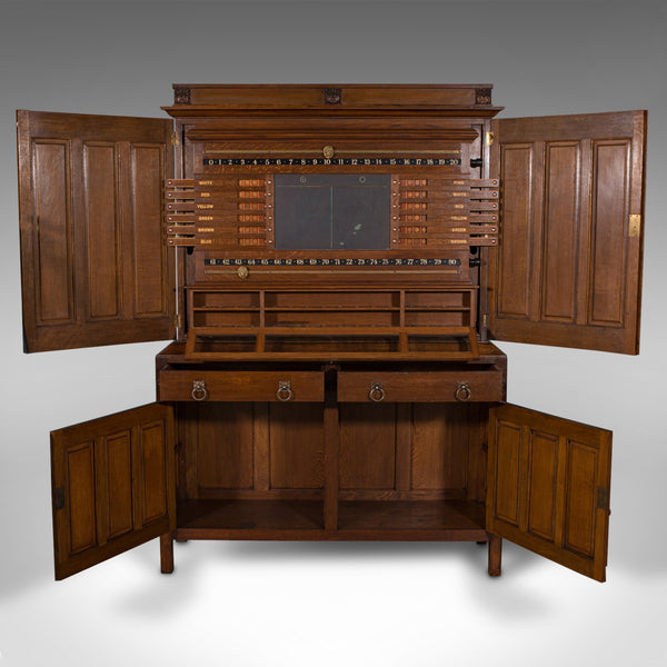 Antique Billiard Scoreboard Cabinet, English, Oak, Decorative, Pool, Edwardian