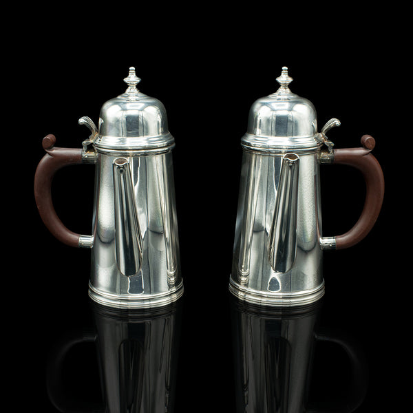 Pair Of Vintage Hot Chocolate Jugs, English, Silver Plate, Coffee Serving Pot