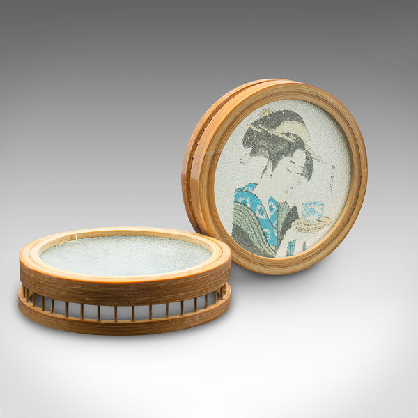 Set Of 6 Vintage Decorative Coasters, Japanese, Bamboo Nest, Ukiyo-e, Art Deco