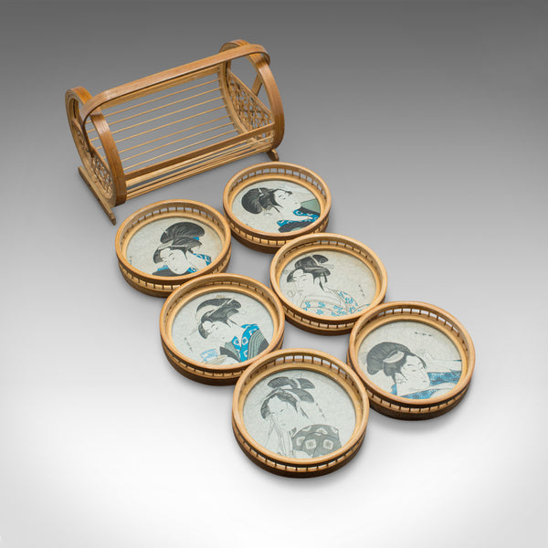 Set Of 6 Vintage Decorative Coasters, Japanese, Bamboo Nest, Ukiyo-e, Art Deco