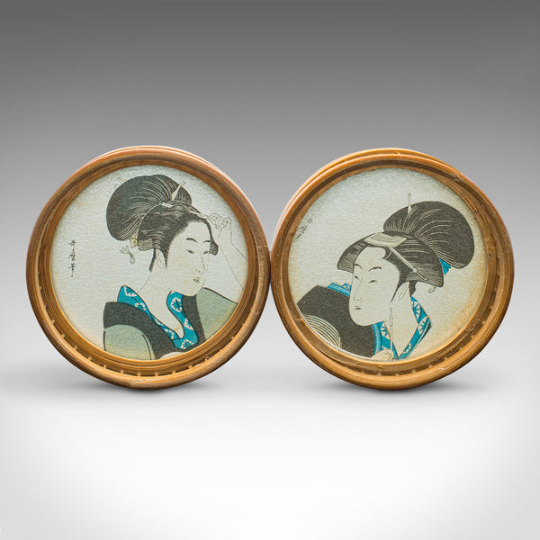 Set Of 6 Vintage Decorative Coasters, Japanese, Bamboo Nest, Ukiyo-e, Art Deco