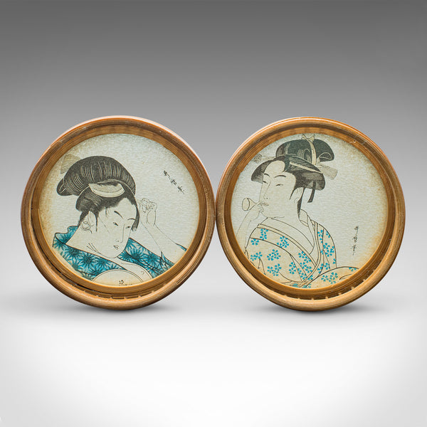 Set Of 6 Vintage Decorative Coasters, Japanese, Bamboo Nest, Ukiyo-e, Art Deco