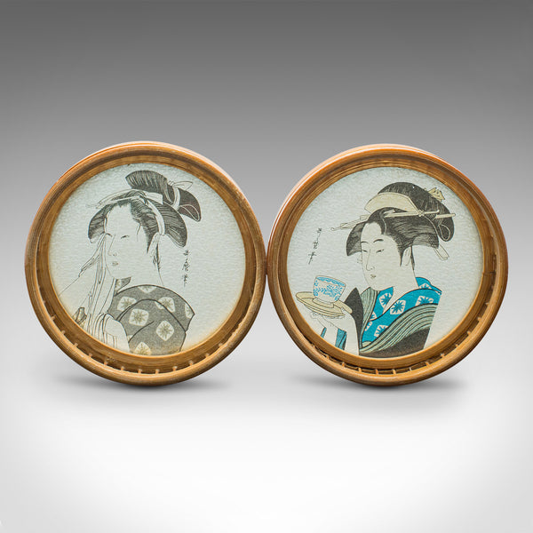 Set Of 6 Vintage Decorative Coasters, Japanese, Bamboo Nest, Ukiyo-e, Art Deco
