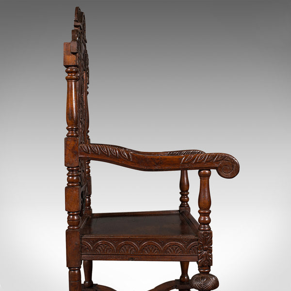 Antique Carved Throne Chair, Scottish Oak, Carver, Elbow Seat, Gothic, Victorian