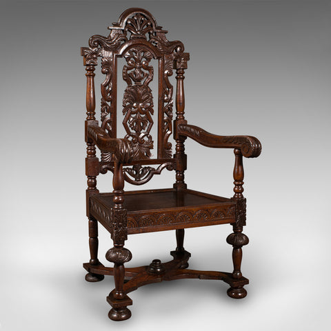 Antique Carved Throne Chair, Scottish Oak, Carver, Elbow Seat, Gothic, Victorian