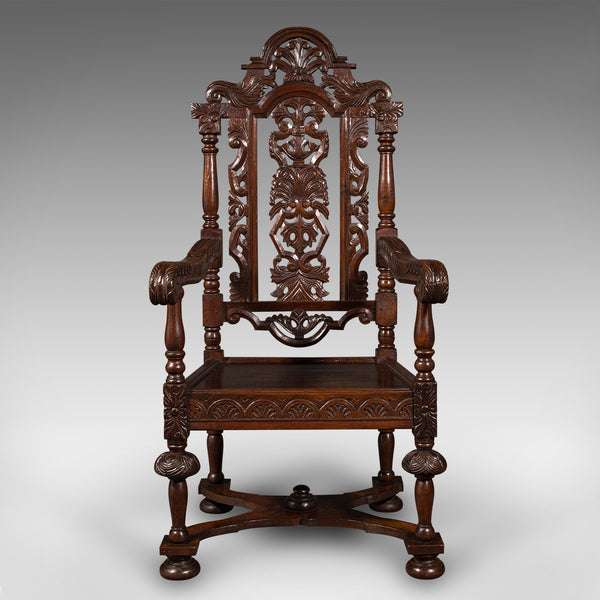 Antique Carved Throne Chair, Scottish Oak, Carver, Elbow Seat, Gothic, Victorian