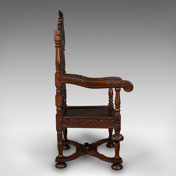 Antique Carved Throne Chair, Scottish Oak, Carver, Elbow Seat, Gothic, Victorian