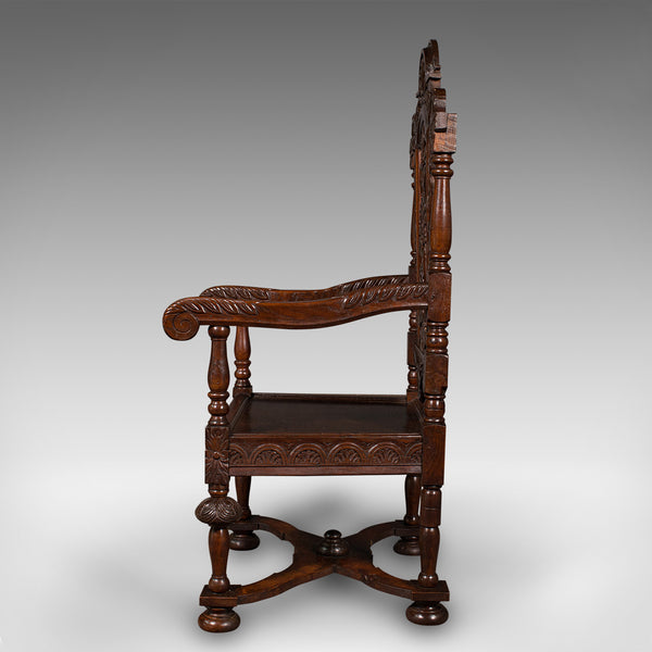 Antique Carved Throne Chair, Scottish Oak, Carver, Elbow Seat, Gothic, Victorian