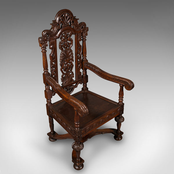 Antique Carved Throne Chair, Scottish Oak, Carver, Elbow Seat, Gothic, Victorian