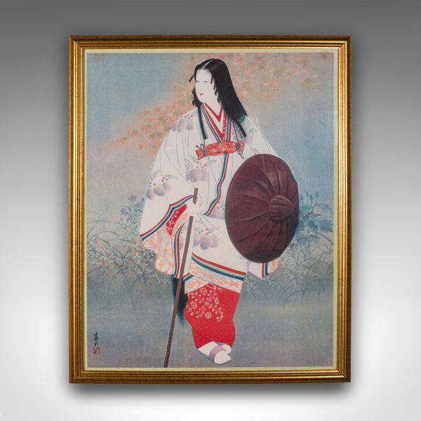 Vintage Framed Art Print, Japanese, Female, Geisha Figure, Art Deco, Circa 1950