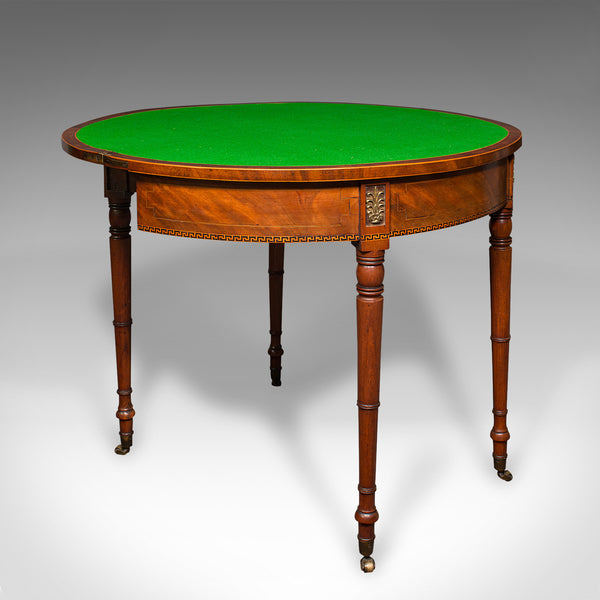 Antique Demi Lune Table, English, Walnut, Fold Over, Card, Game, Georgian, 1800