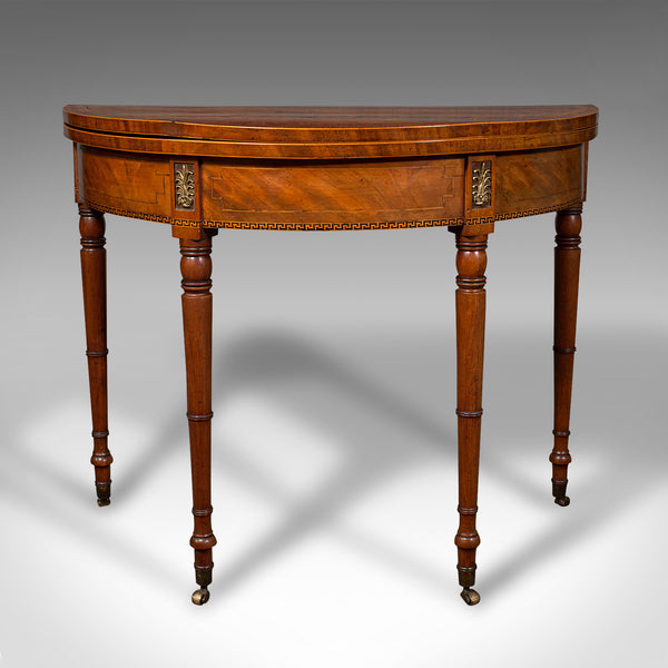 Antique Demi Lune Table, English, Walnut, Fold Over, Card, Game, Georgian, 1800