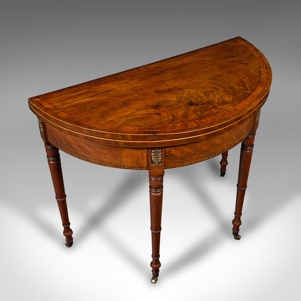 Antique Demi Lune Table, English, Walnut, Fold Over, Card, Game, Georgian, 1800