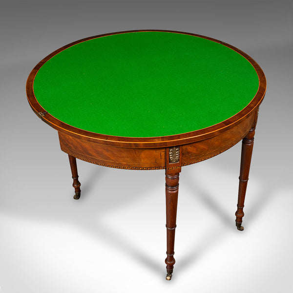 Antique Demi Lune Table, English, Walnut, Fold Over, Card, Game, Georgian, 1800