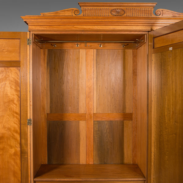 7' 3" Antique Triple Wardrobe, Scottish, Satinwood, Taylor and Sons, Victorian