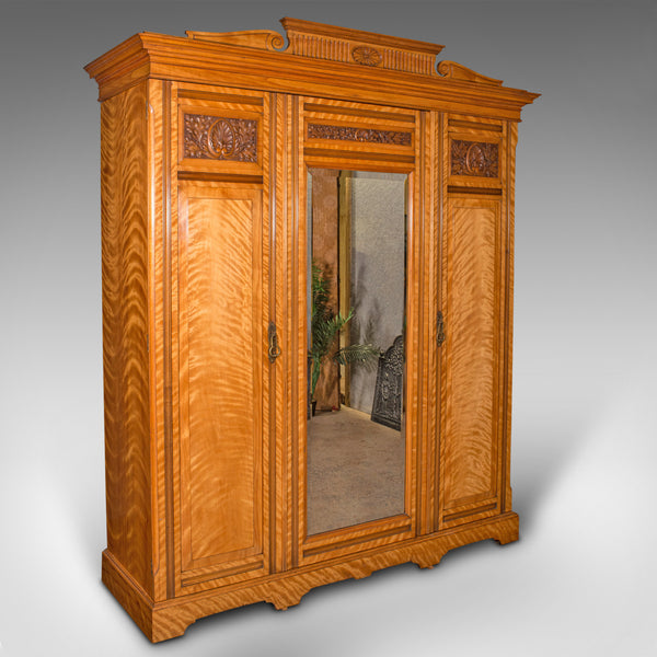 7' 3" Antique Triple Wardrobe, Scottish, Satinwood, Taylor and Sons, Victorian