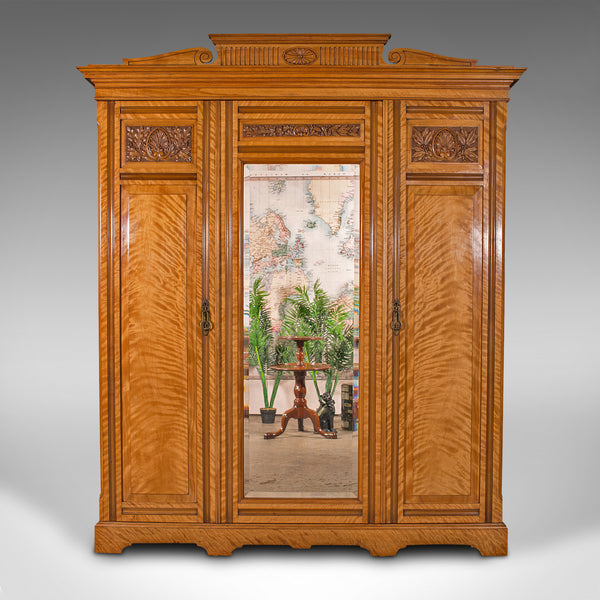 7' 3" Antique Triple Wardrobe, Scottish, Satinwood, Taylor and Sons, Victorian
