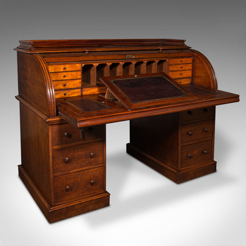 Grand Antique Estate Pedestal Desk, English Roll Top Secretaire, Victorian, 1860