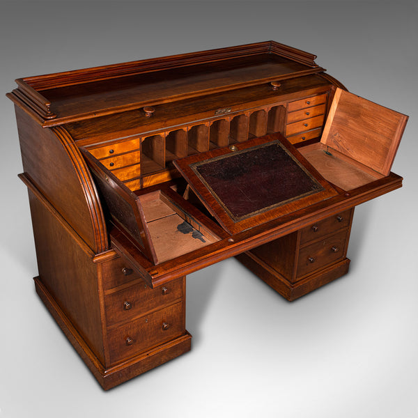Grand Antique Estate Pedestal Desk, English Roll Top Secretaire, Victorian, 1860