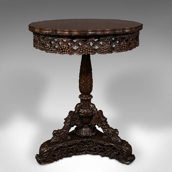 Antique Carved Lamp Table, Anglo Indian, Teak, Tilt Top, Colonial, Victorian