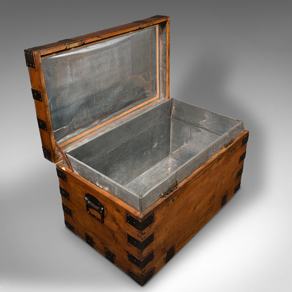 Antique Mercantile Chest, English, Pine, Shipping Trunk, Tin Lined, Victorian