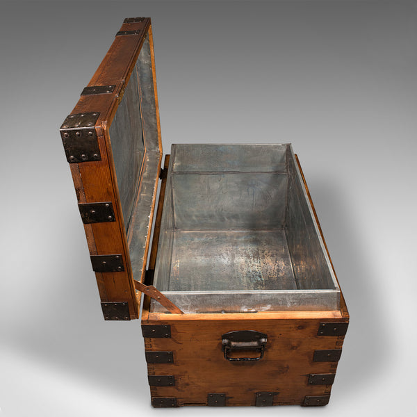 Antique Mercantile Chest, English, Pine, Shipping Trunk, Tin Lined, Victorian