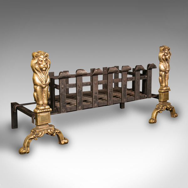 Antique Decorative Fire Basket, English, Fireside Grate Set, Andirons, Victorian