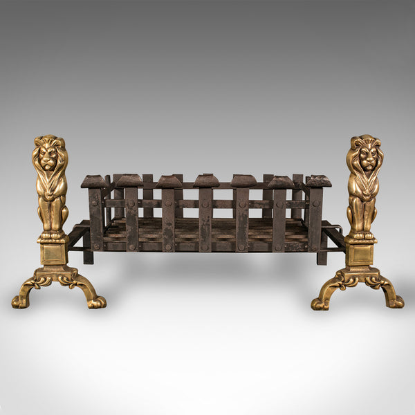 Antique Decorative Fire Basket, English, Fireside Grate Set, Andirons, Victorian