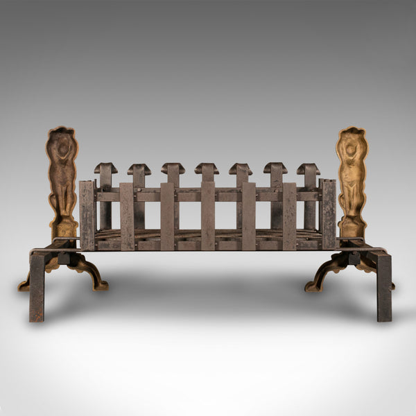 Antique Decorative Fire Basket, English, Fireside Grate Set, Andirons, Victorian