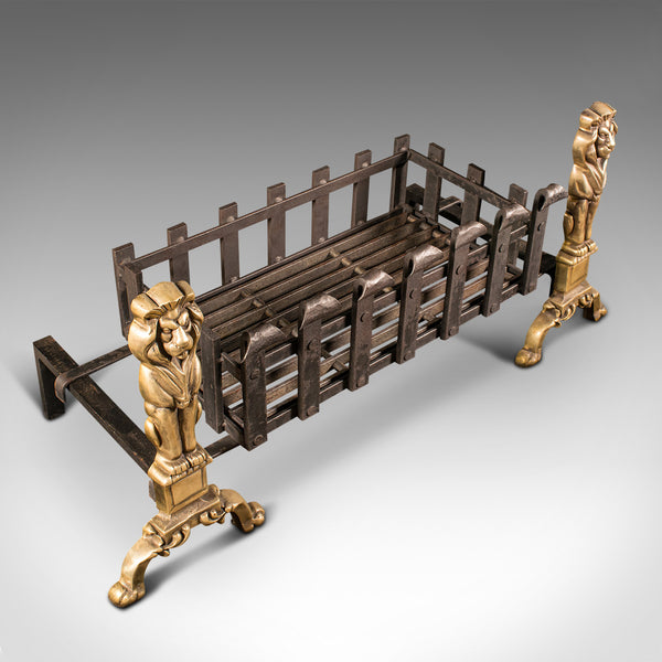 Antique Decorative Fire Basket, English, Fireside Grate Set, Andirons, Victorian