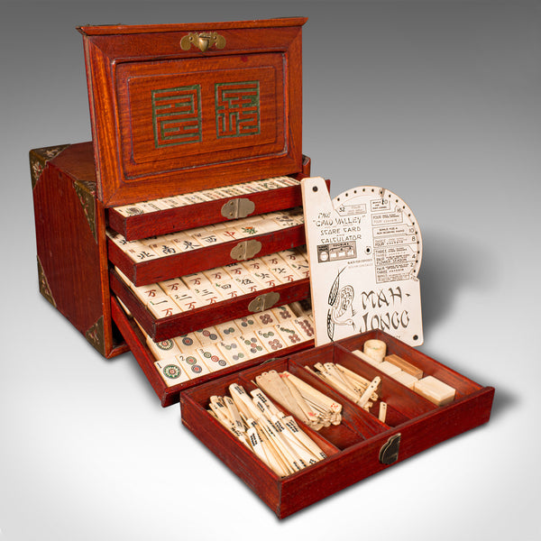 Vintage Mahjong Case, Chinese, Mahogany, Compendium, Game Set, Late 20th Century