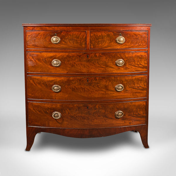 Large Antique Bow Front Chest of Drawers, English, Tallboy, Georgian, Circa 1780