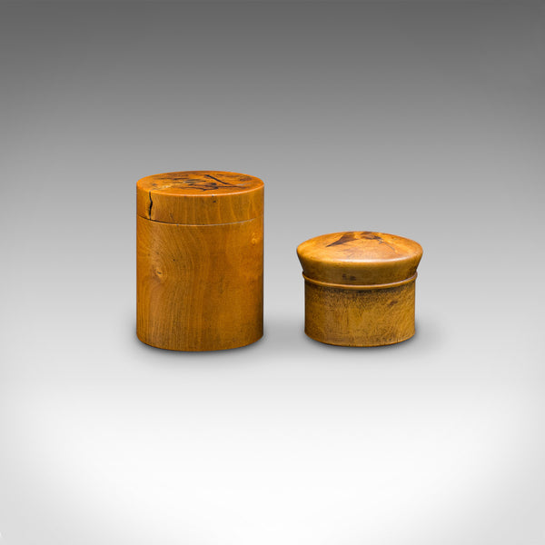 Set Of 2 Small Antique Apothecary Boxes, English Yew, Miniature Treen, Victorian