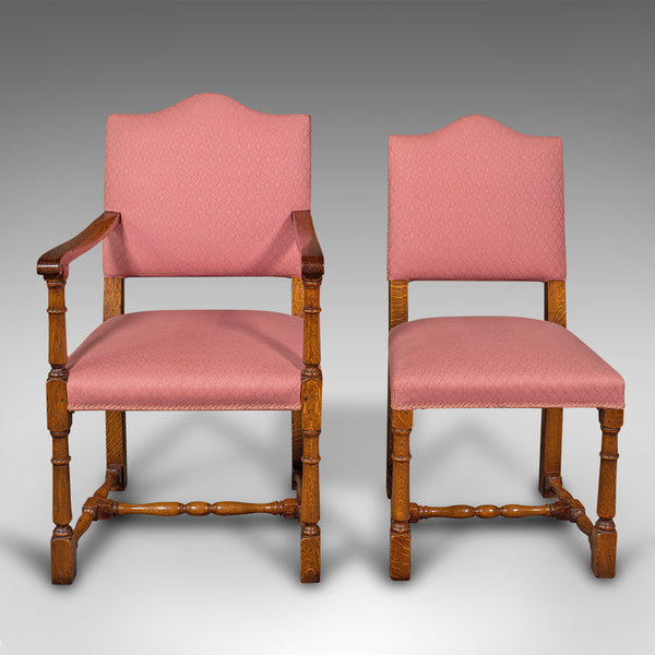 Vintage Set of 10 Dining Chairs, English, Oak, Carver, Seat, Late 20th Century