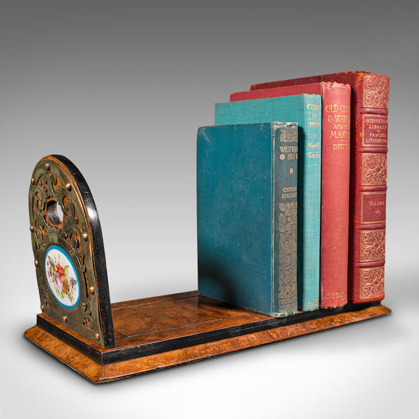 Antique Extending Book Slide, French Burr Walnut, Brass, Library Rack, Victorian