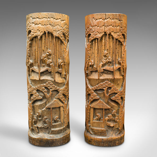 Large Pair Of Vintage Dry Flower Vases, Chinese, Bamboo, Bitong, Brush Pot, 1930