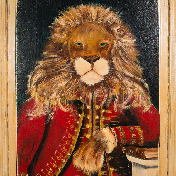 Vintage Lion Portrait, English Oil Painting, Victorian Pine, Anthropomorphic Art