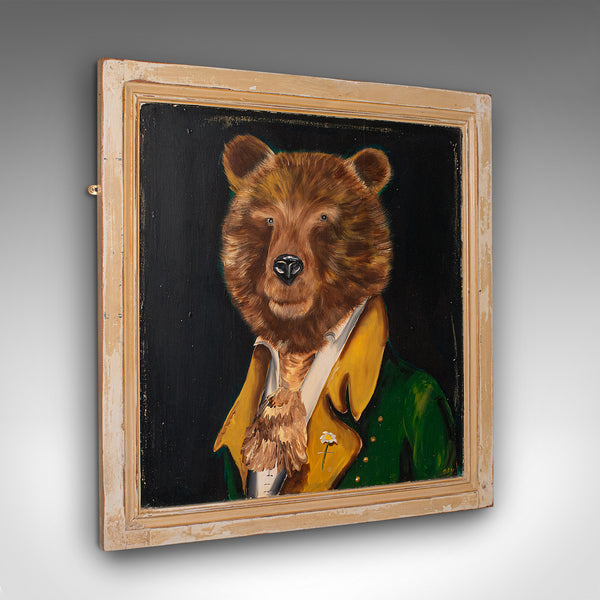 Vintage Brown Bear Portrait, English, Oil, Victorian Pine, Anthropomorphic Art
