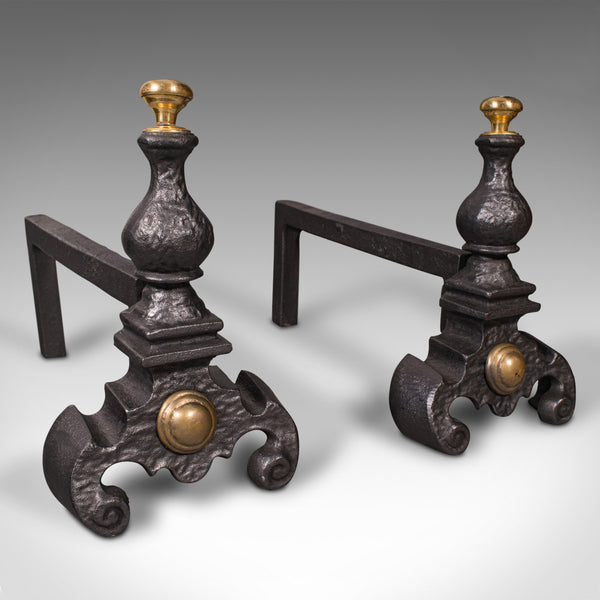 Pair Of Antique Decorative Fire Rests, English Fireside Andiron, Victorian, 1850