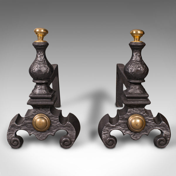 Pair Of Antique Decorative Fire Rests, English Fireside Andiron, Victorian, 1850