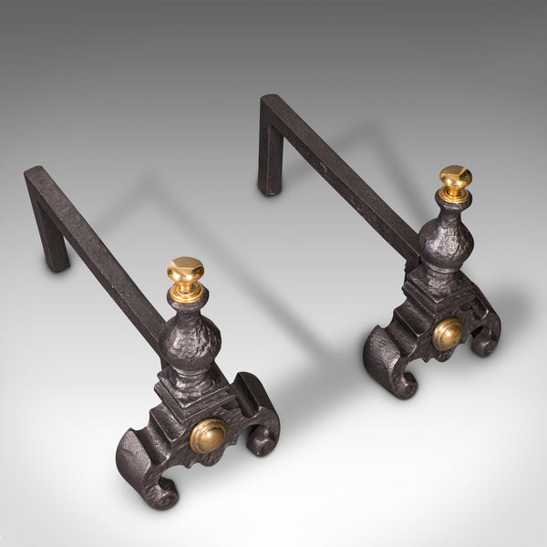 Pair Of Antique Decorative Fire Rests, English Fireside Andiron, Victorian, 1850