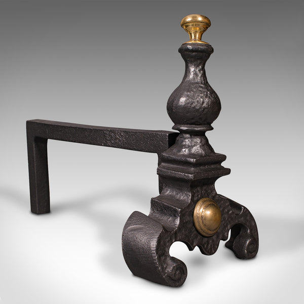 Pair Of Antique Decorative Fire Rests, English Fireside Andiron, Victorian, 1850