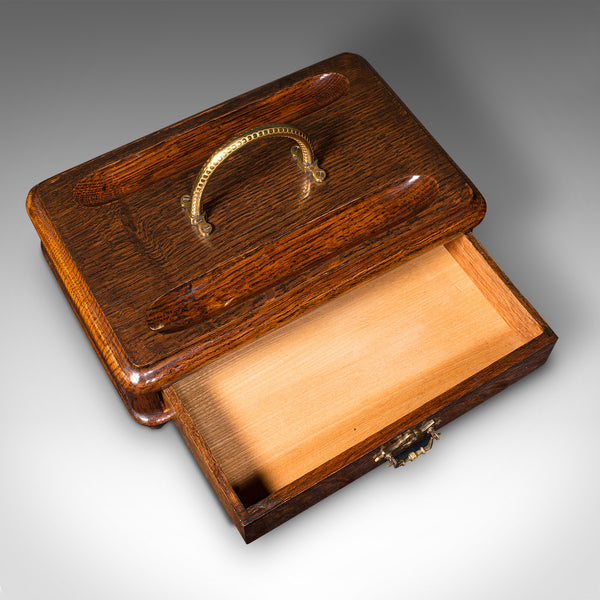 Antique Desk Tidy, English, Oak, Tabletop, Pen Tray, Document Drawer, Edwardian