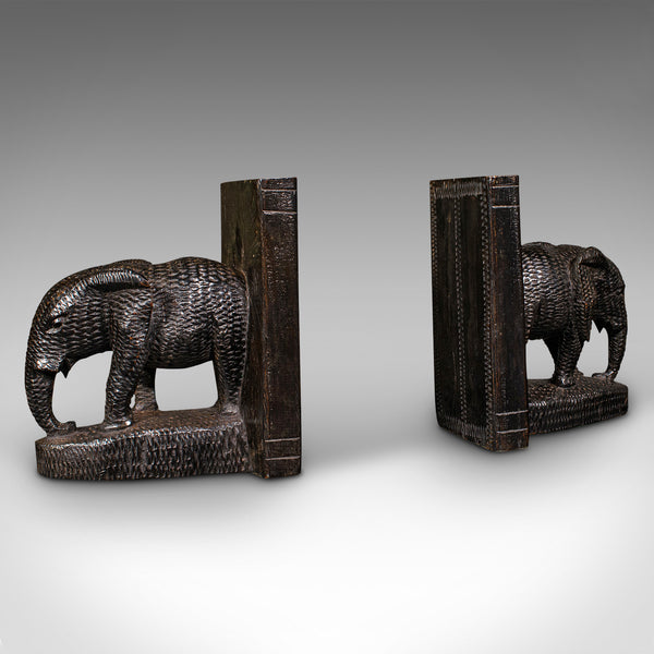 Pair Of Antique Elephant Bookends, Botswanan, Ebonised, Book Rest, Victorian